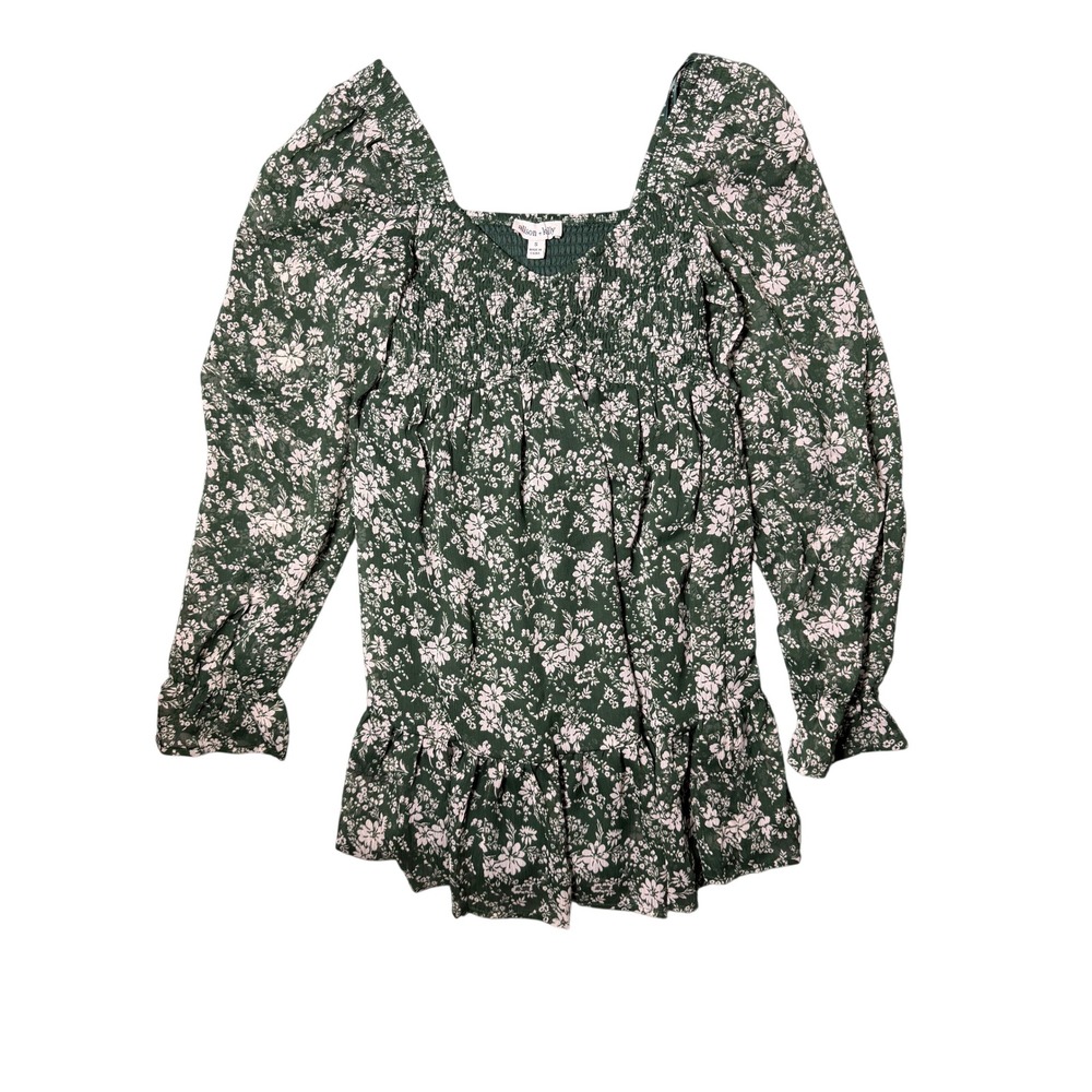 Allison + Kelly Green Floral Smocked Square Neck Peplum Mini Dress